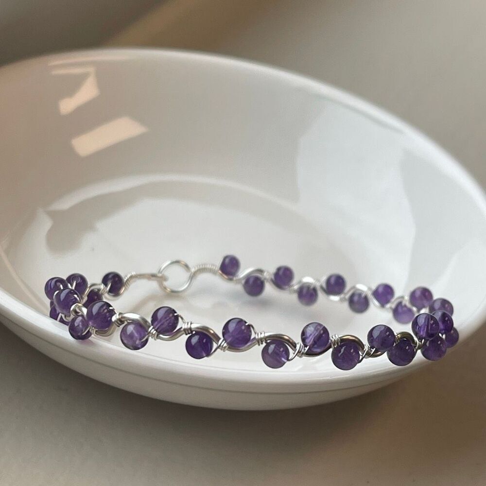 Amethyst purple 8” silver tone copper wire beaded beads handcrafted handmade dai